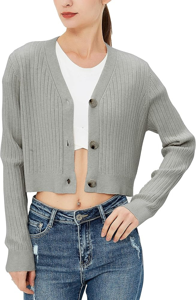 Satuun Women's Long Sleeve Cropped Cardigan V Neck Solid Button Down Knit Bolero Shrugs | Amazon (US)