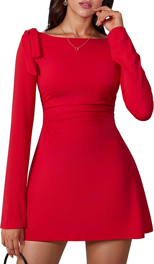 Women's Long Sleeve Boat Neck Bow Tie Graduation Mini Dress | Amazon (US)