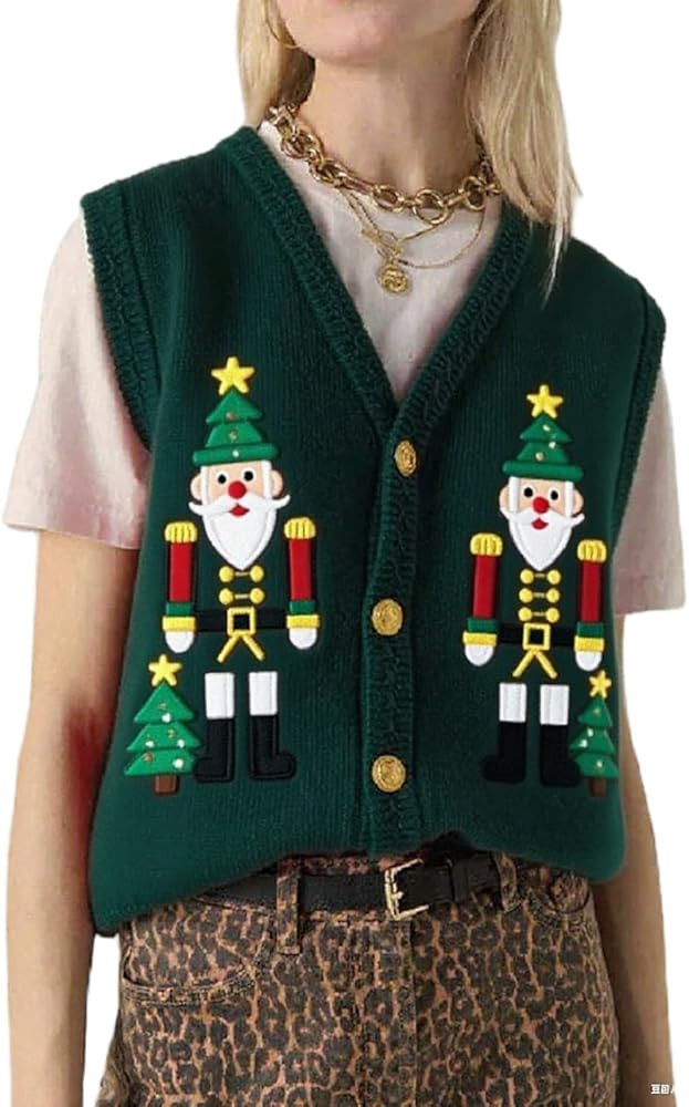 Women Christmas Sweater Vests Snowman Embroidery Sleeveless Button Cardigan Holiday Knit Tank Top... | Amazon (US)