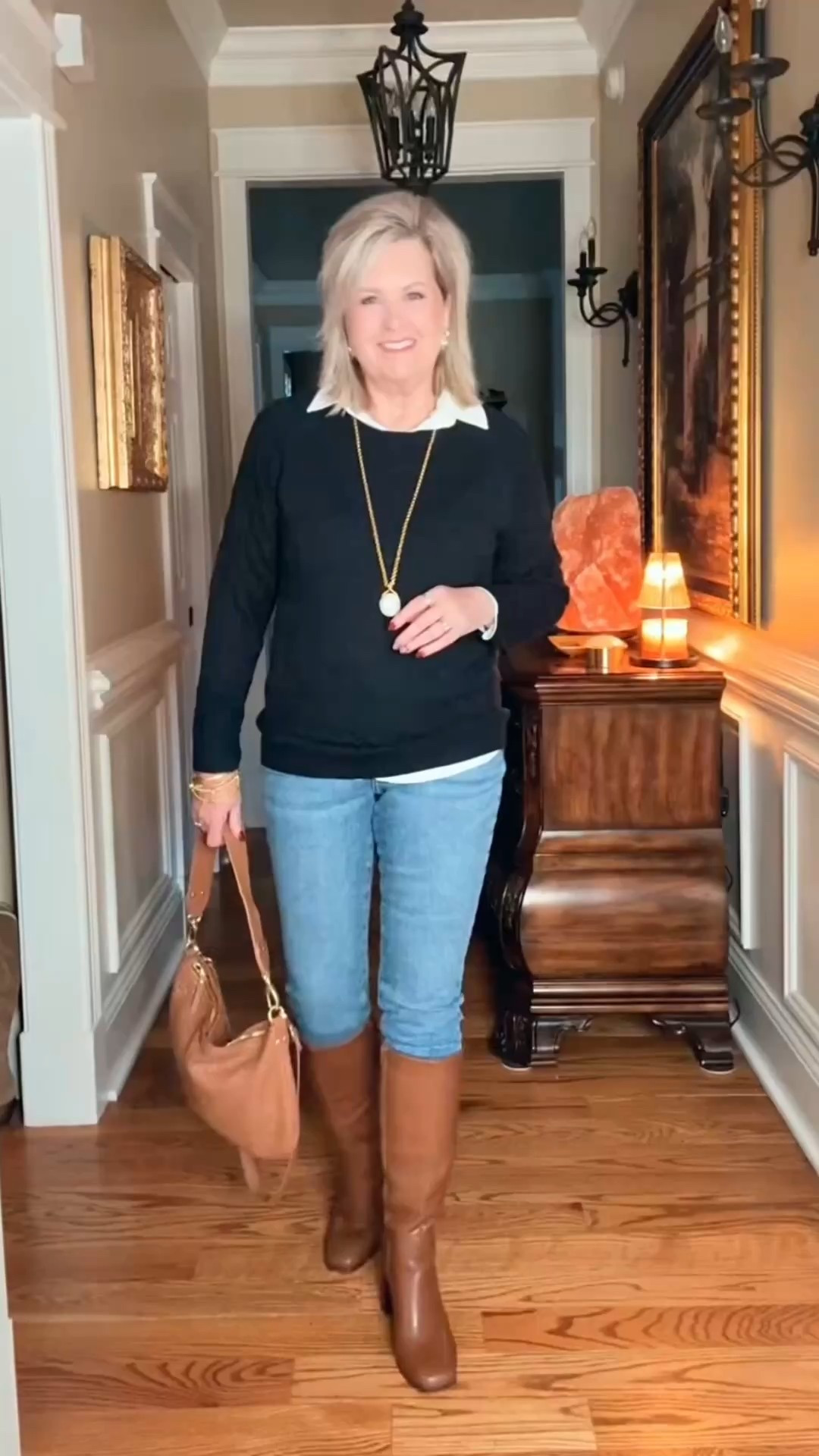 I love this black and brown combo! The accessories add a lot of flair to a simple sweater and jeans look  