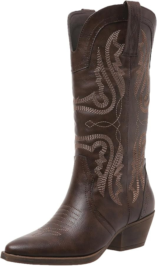 Cowboy Boots for Women Cowgirl Mid Calf Western Boots Embroidered Stitched Pointed Toe Chunky Blo... | Amazon (US)