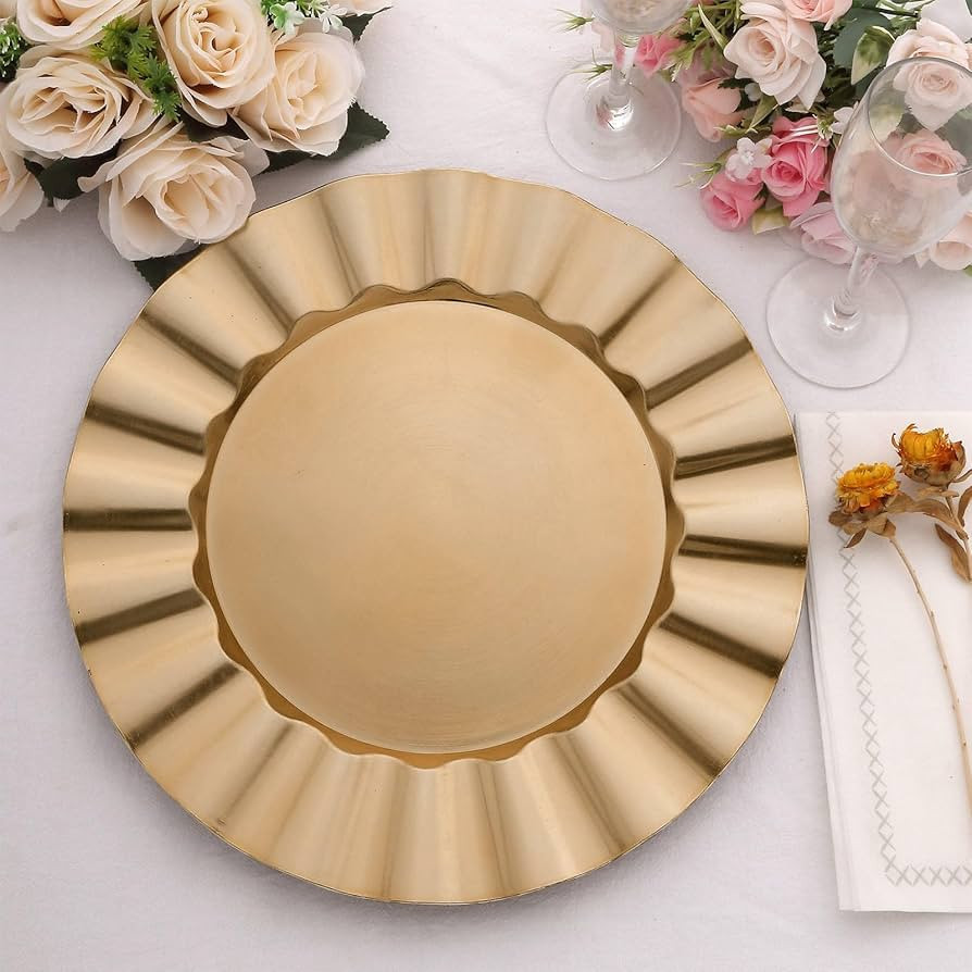 Efavormart 6 Pack | 13" Gold Acrylic Plastic Dinner Plate Chargers With Gold Brushed Wavy Scallop... | Amazon (US)
