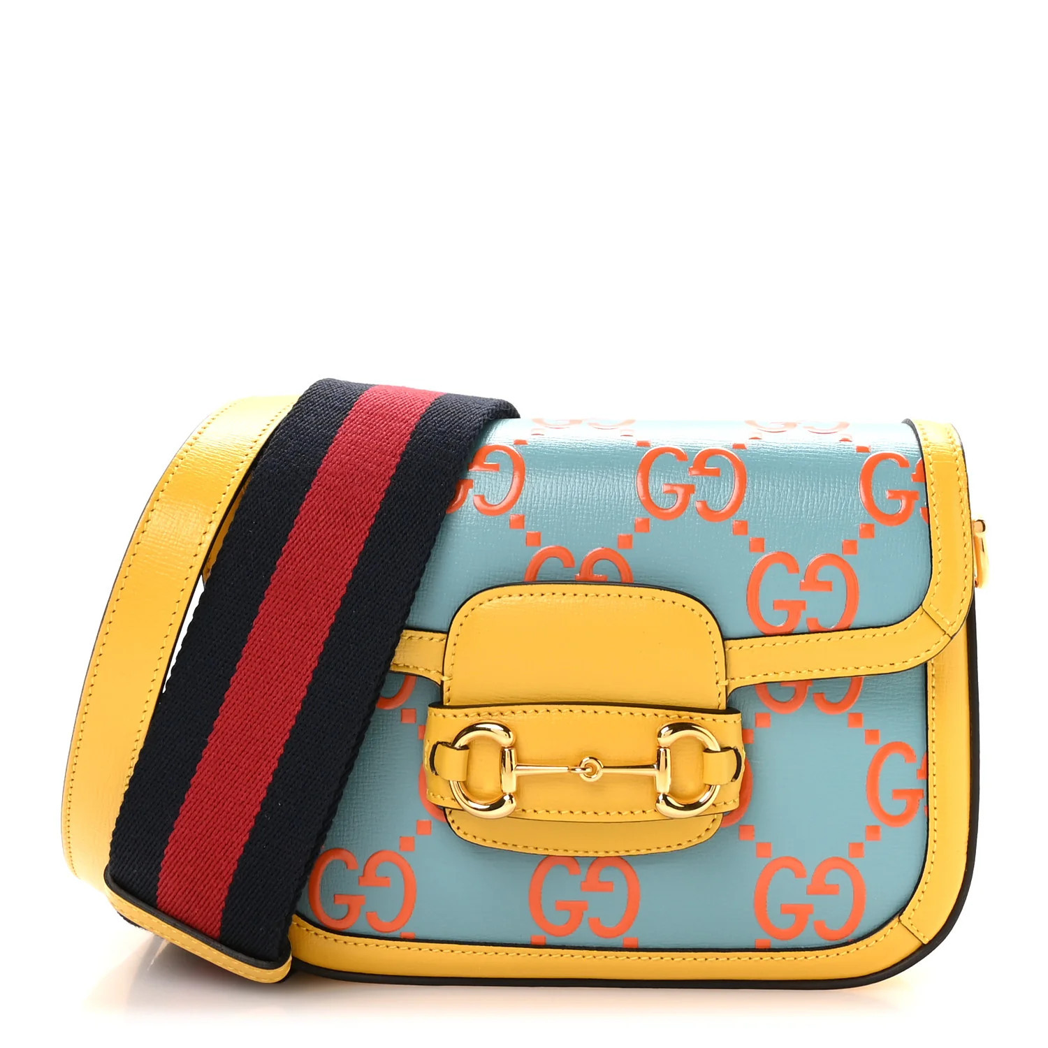 Gucci Azalea Calfskin GG Monogram Bi-Color Debossed Mini Horsebit 1955 Shoulder Bag Dusty Azure Stone Topaz Deep Orange | FASHIONPHILE (US)