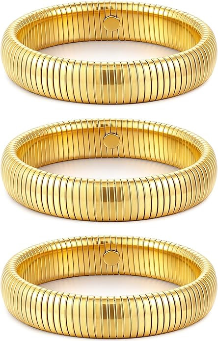 Gold Bangles for Women Set of 3 Chunky Stretch Bangles Bracelets 24K Gold Plated Stainless Steel ... | Amazon (US)