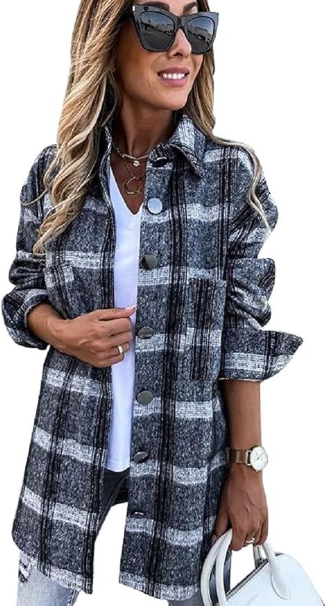 Women Vintage Long Sleeve Lapel Plaid Shirt Pockets Coats Tops Shacket Casual Buttoned Cardigan J... | Amazon (US)