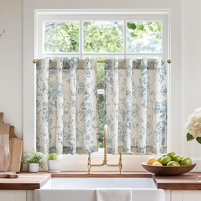 jinchan Linen Floral Tier Curtains 24 Inch Farmhouse Botanic Cafe Curtains Light Filtering Drapes... | Amazon (US)