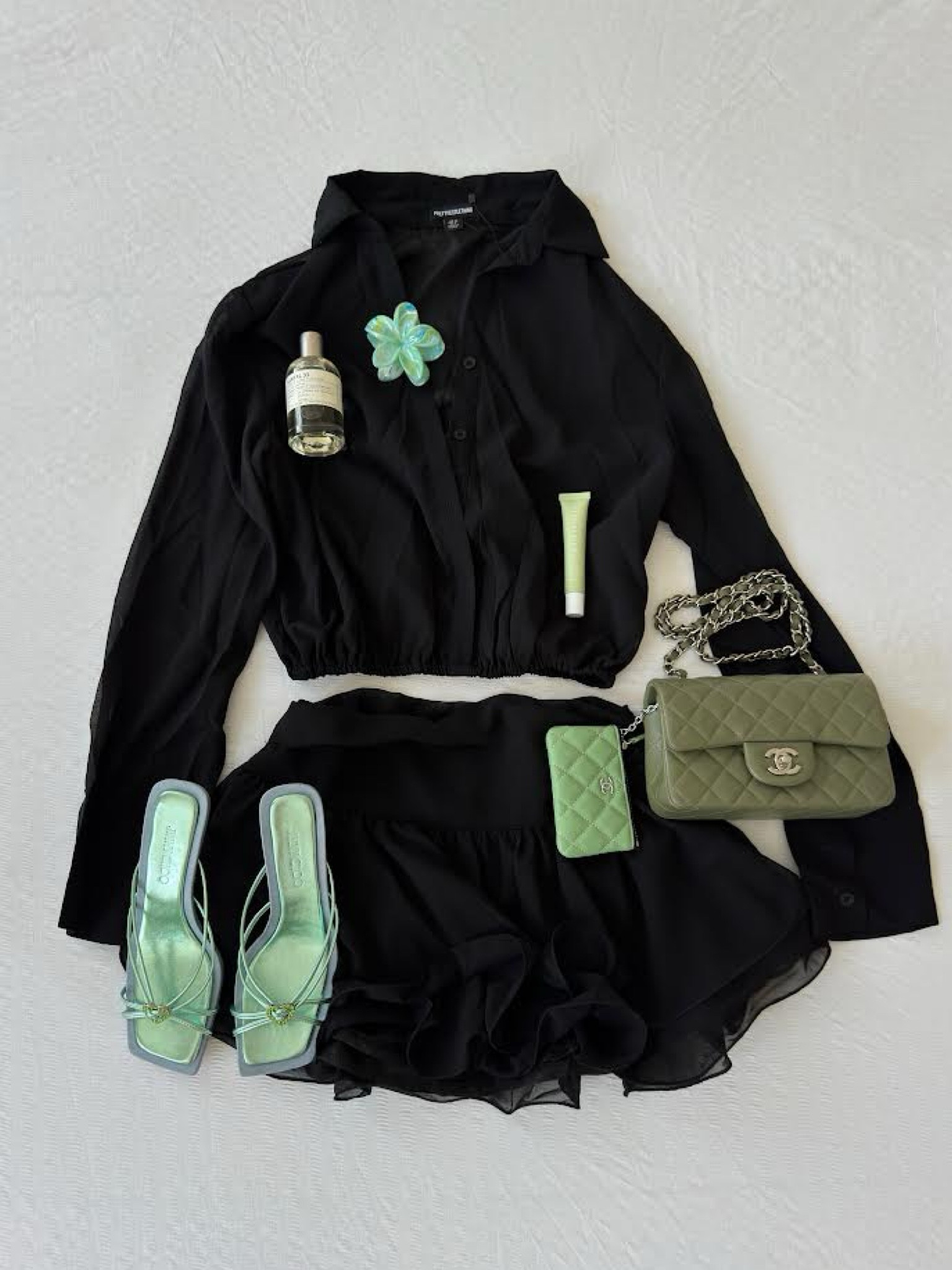 Black Long Sleeve Shirt, Black Mini Skirt, Chiffon Co-ord Pretty Little Thing, Summer Fridays, Santal 33 Perfume, Le Labo, Summer Vibes

#LTKsummer #LTKeurope #LTKstyletip