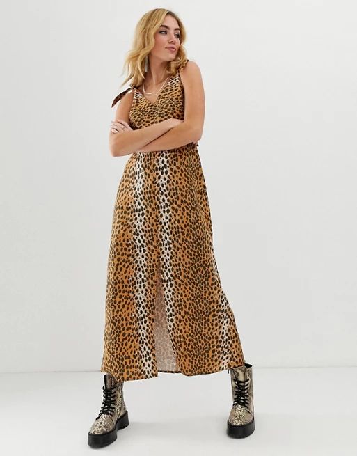 ASOS DESIGN tie back linen maxi dress in leopard print | ASOS US