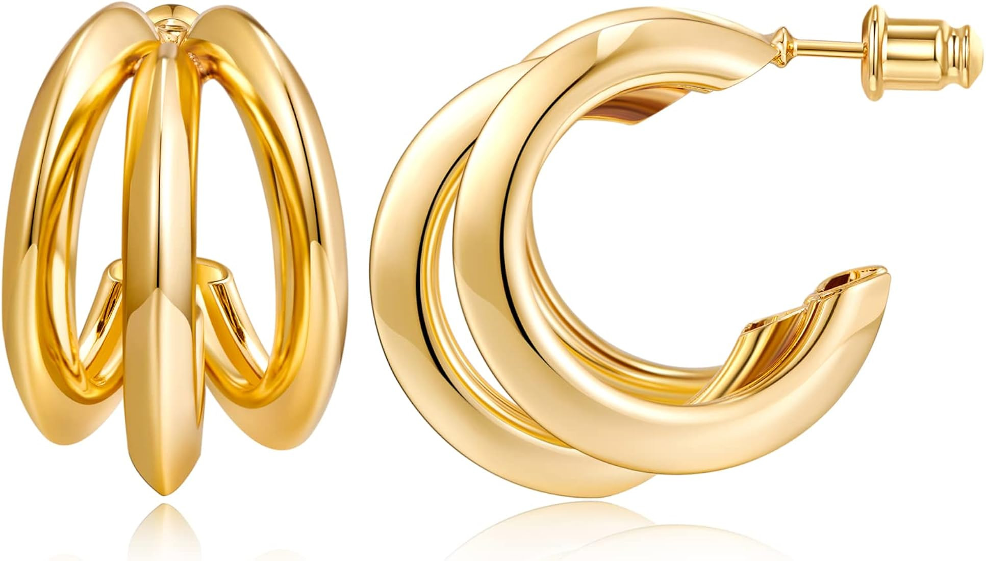 NEPULOY Chunky Gold Hoop Earrings for Women Gold Huggie Earrings Triple Open Hoop Earrings Women | Amazon (US)