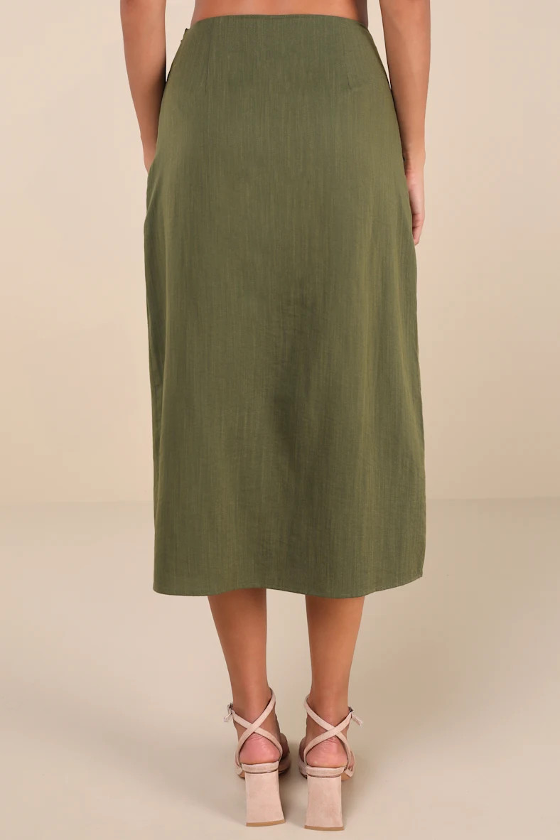 Composed Personality Olive Green Button-Front Midi Skirt | Lulus