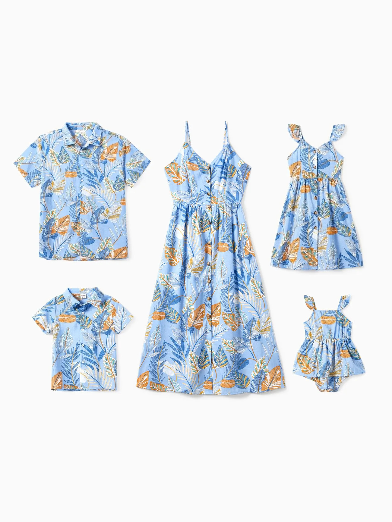 Family Matching Tropical Floral Beach Shirt and Leaf Pattern Button Up Strap Dress Sets | PatPat