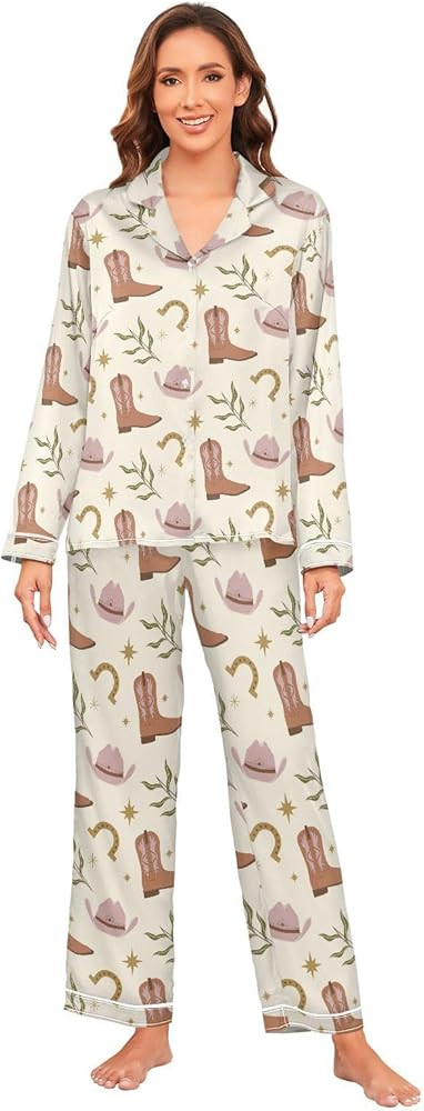 VIGTRO Women Pajamas Set Classic Button Down Pajamas, Comfy Satin Pj Sets Cute Western Long Sleep... | Amazon (US)