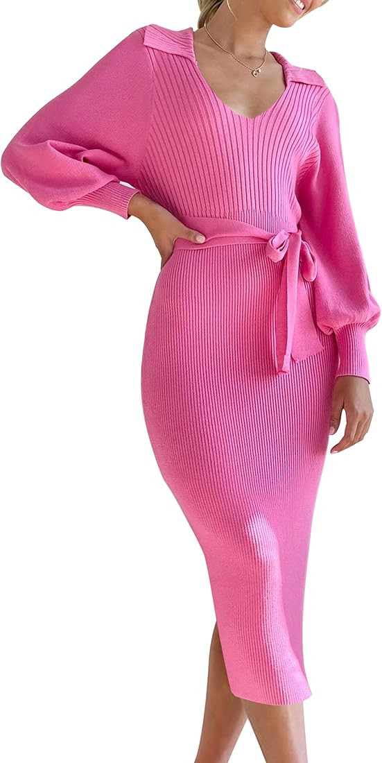 Chriselda Women's 2023 Winter Knit Midi Sweater Dress Long Sleeve V Neck Ribbed Slit Bodycon Pull... | Amazon (US)