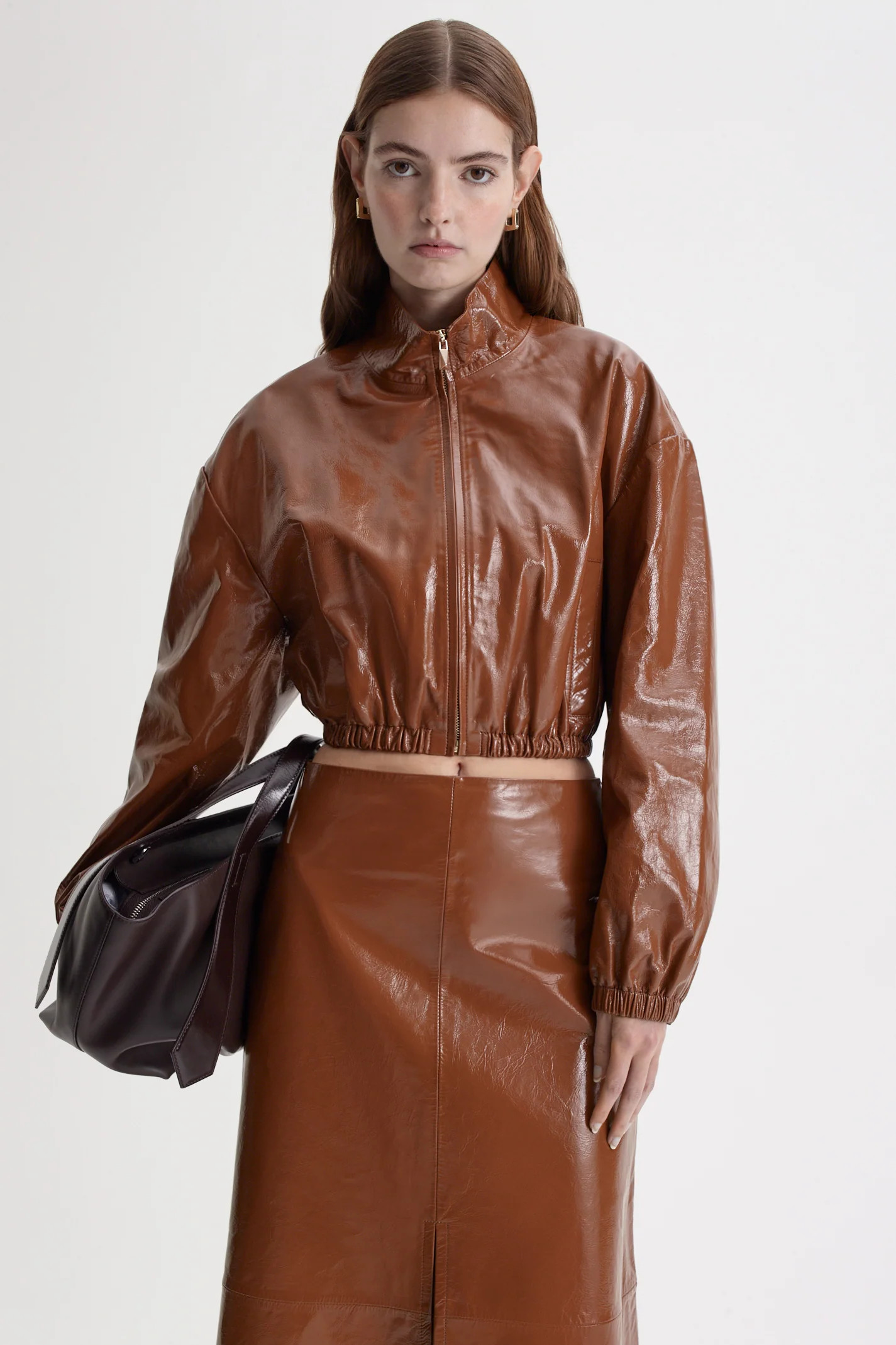 FUNNEL NECK LEATHER JACKET - TOFFEE - Scanlan Theodore | Scanlan Theodore AU