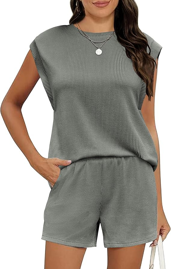 Ekouaer 2 Piece Set for Women Summer Casual Lounge Shorts Sets Cap Sleeve Sweatsuit Beach Vacatio... | Amazon (US)