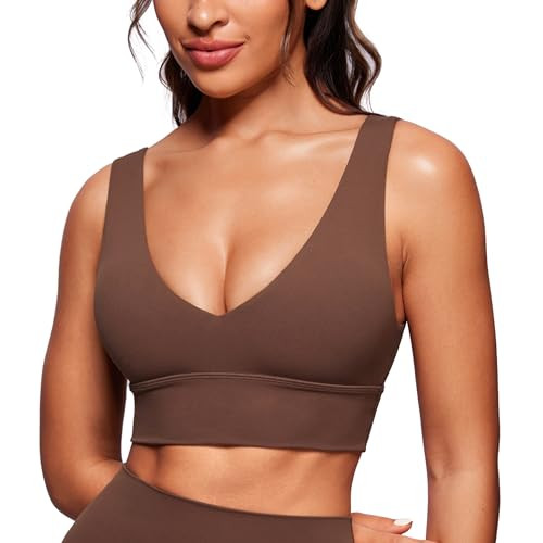 CRZ YOGA Butterluxe Womens V-Neck Longline Sports Bra - U Back Wireless Yoga Low Impact Padded Crop Top Coffee Brown XX-Small | Amazon (US)