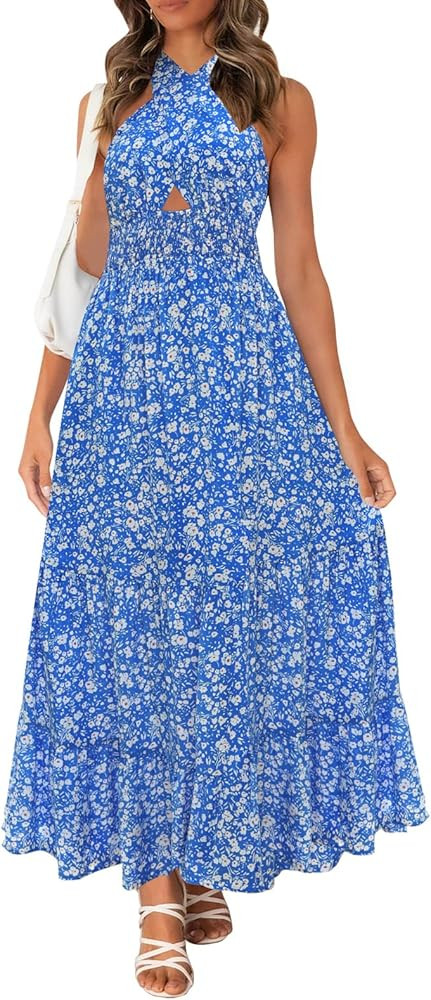 ZESICA Women's Summer Crossover Halter Neck Sleeveless Plaid Cut Out Backless Flowy A Line Maxi D... | Amazon (US)