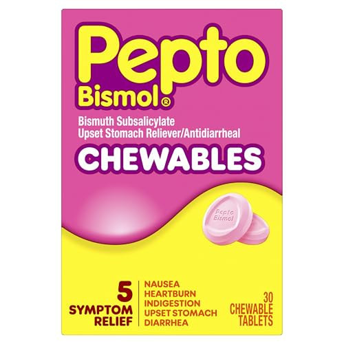 Pepto Bismol Chewable Tablets, Upset Stomach Relief, Nausea Relief, Heartburn Relief, Indigestion Relief, Anti Diarrhea Medication for Adults - 5 Symptom Relief, 30 ct | Amazon (US)
