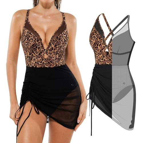 Popilush One Piece Swimsuit for Women Tummy Control Swim Dress Slimming Drawstring Bathing Suit Skirt Leopard | Amazon (US)
