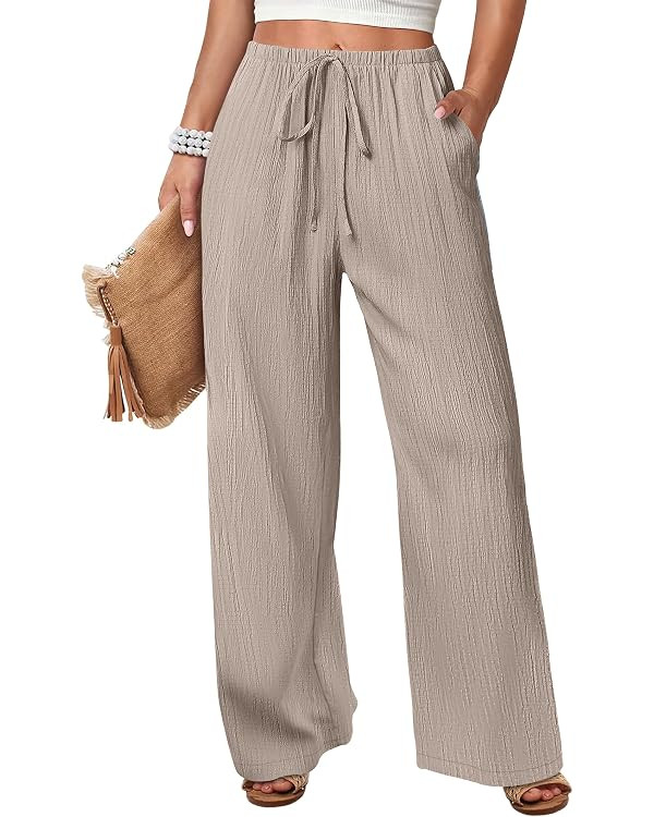 ANRABESS Women's Wide Leg Beach Pants Elastic Waist Lightweight Casual Flowy Palazzo Lounge Trous... | Amazon (US)