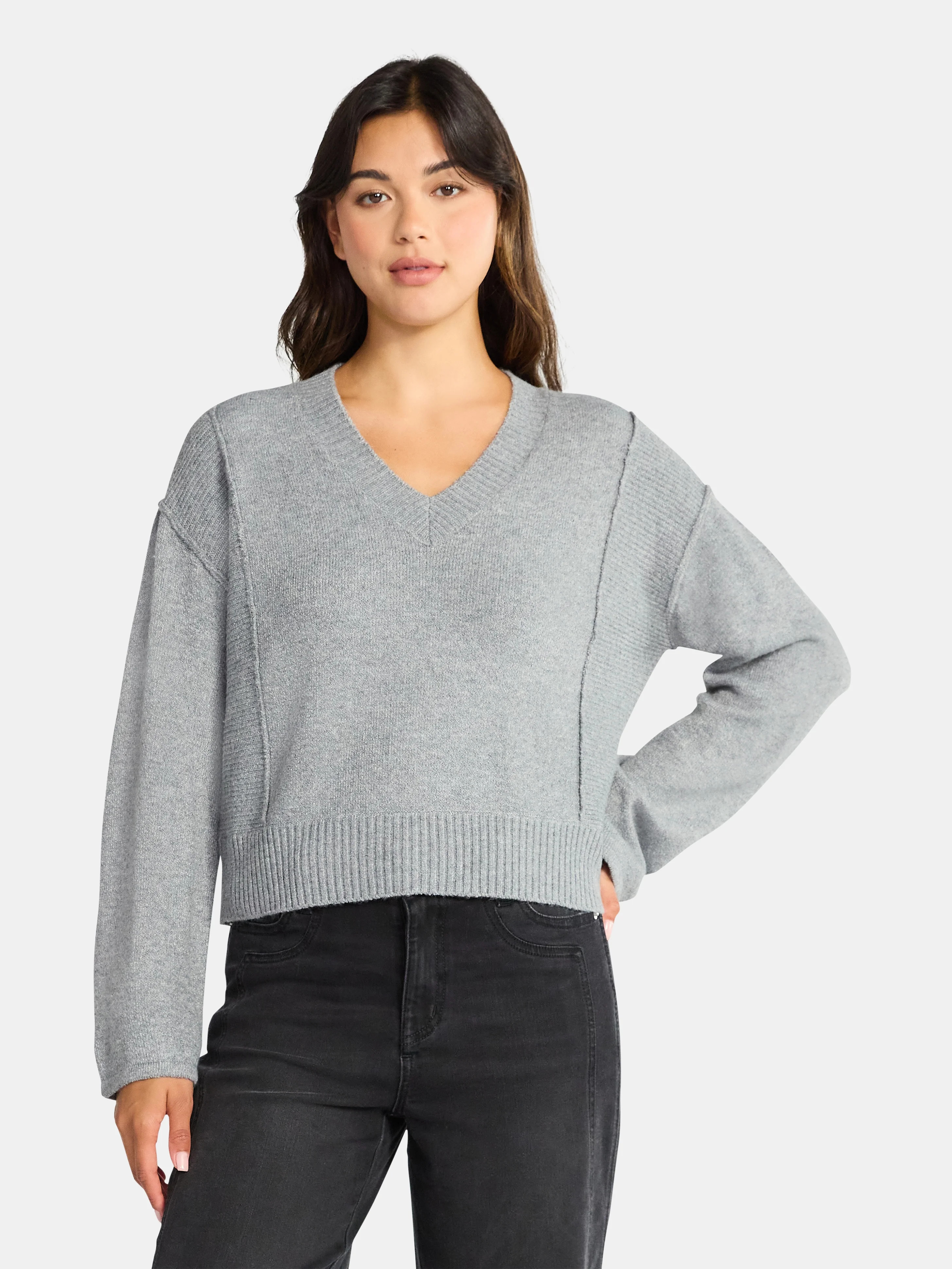 Time and Tru Women's Ribbed V Neck Sweater, Lightweight, Sizes XS-XXXL | Walmart (US)