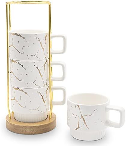 LURRIER Porcelain Large Stackable Coffee Mug Set with Rack and Wooden Base,Marble Pattern Hand-cr... | Amazon (US)