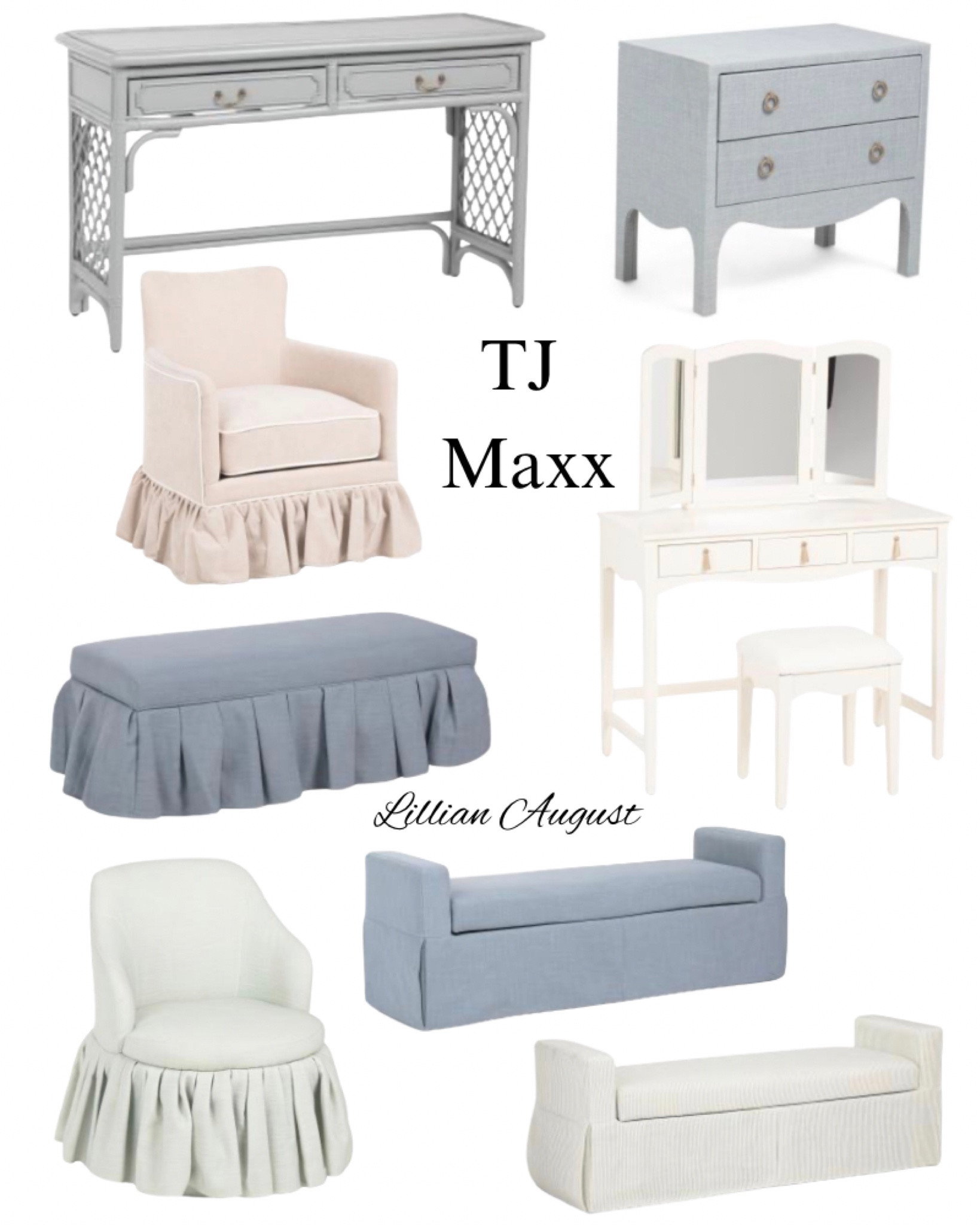 Lilian August on sale at TJ Maxx! Desk, linen nightstand, vanity with mirror, blue, ivory, bench, skirted, bedroom, entry, livingroom, French, modern, coastal.

#LTKSaleAlert #LTKHome