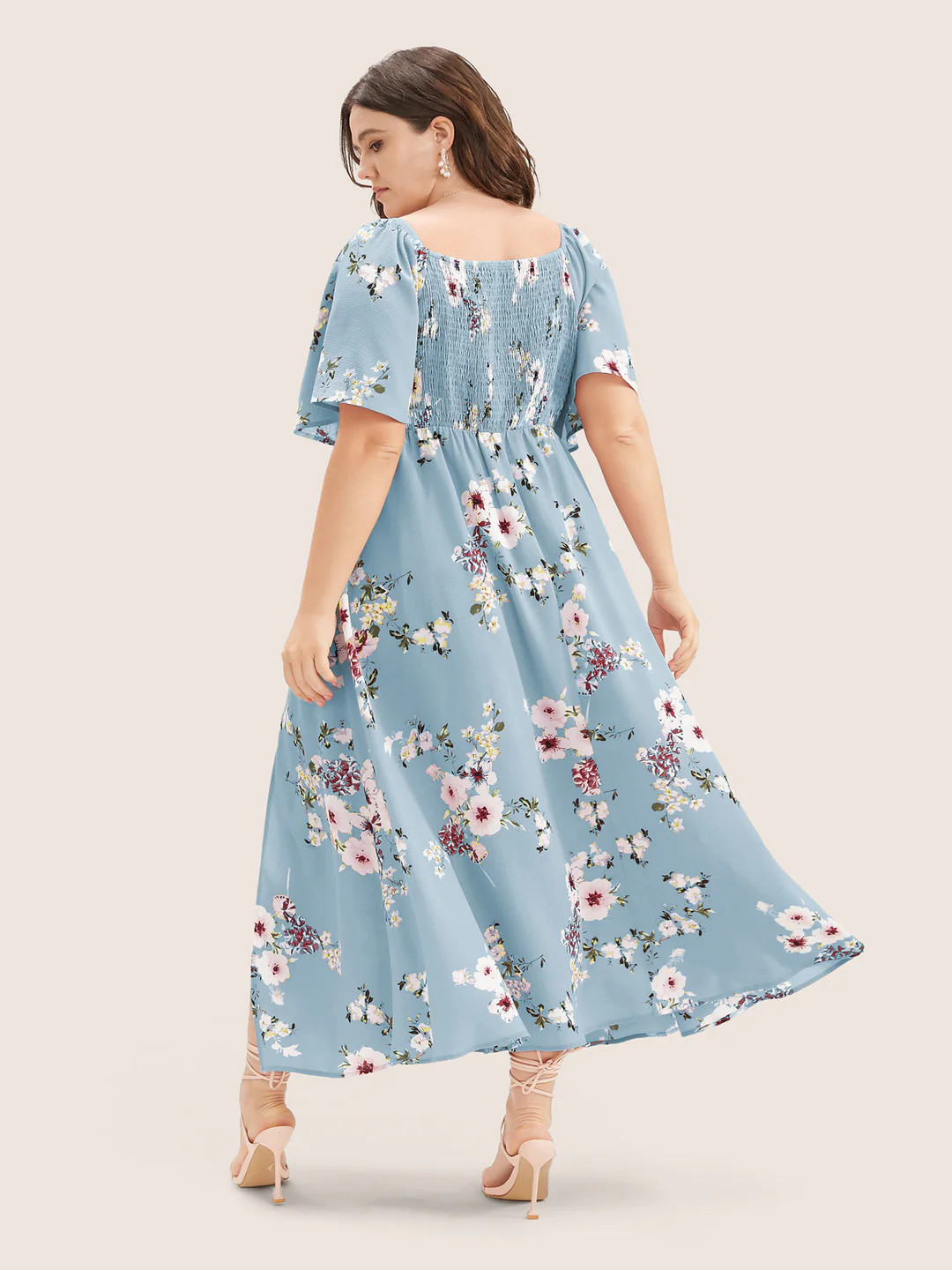 Floral Square Neck Ruffles Pocket Shirred Split Dress | Bloomchic