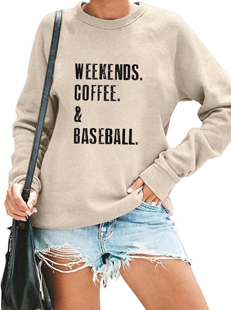 Weekends Coffee Baseball Sweatshirt for Women Letter Print Long Sleeve Crewneck Baseball Mom Pull... | Amazon (US)