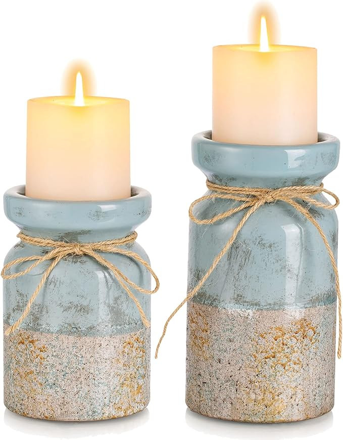 Romadedi Beach Pillar Candle Holder - Terracotta Distressed Blue Teal Ocean Theme Decor Drift Bot... | Amazon (US)