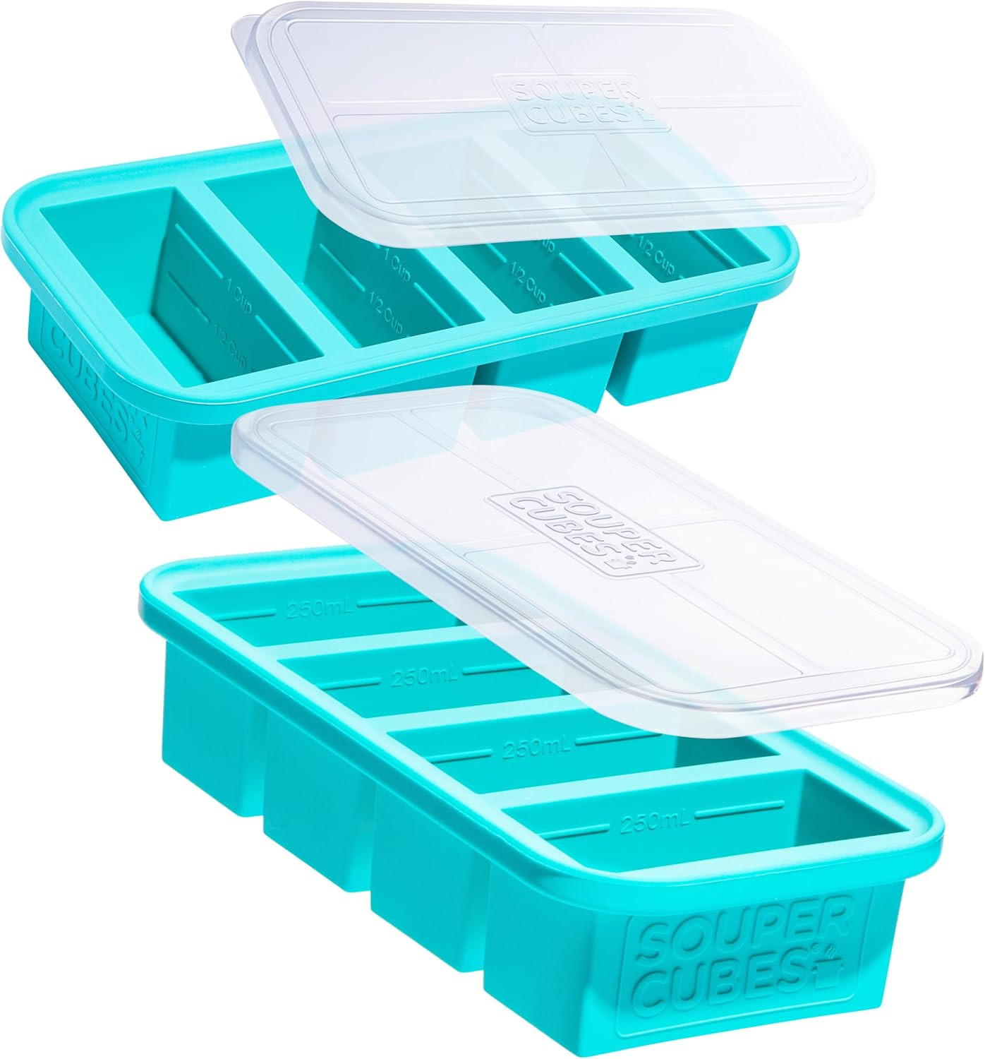 Souper Cubes 1 Cup Silicone Freezer Molds With Lids - Easy Meal Prep Container and Kitchen Storage Solution - Silicone Molds for Food, Soup, Smoothie Storage and More - Aqua - 2-Pack | Amazon (US)