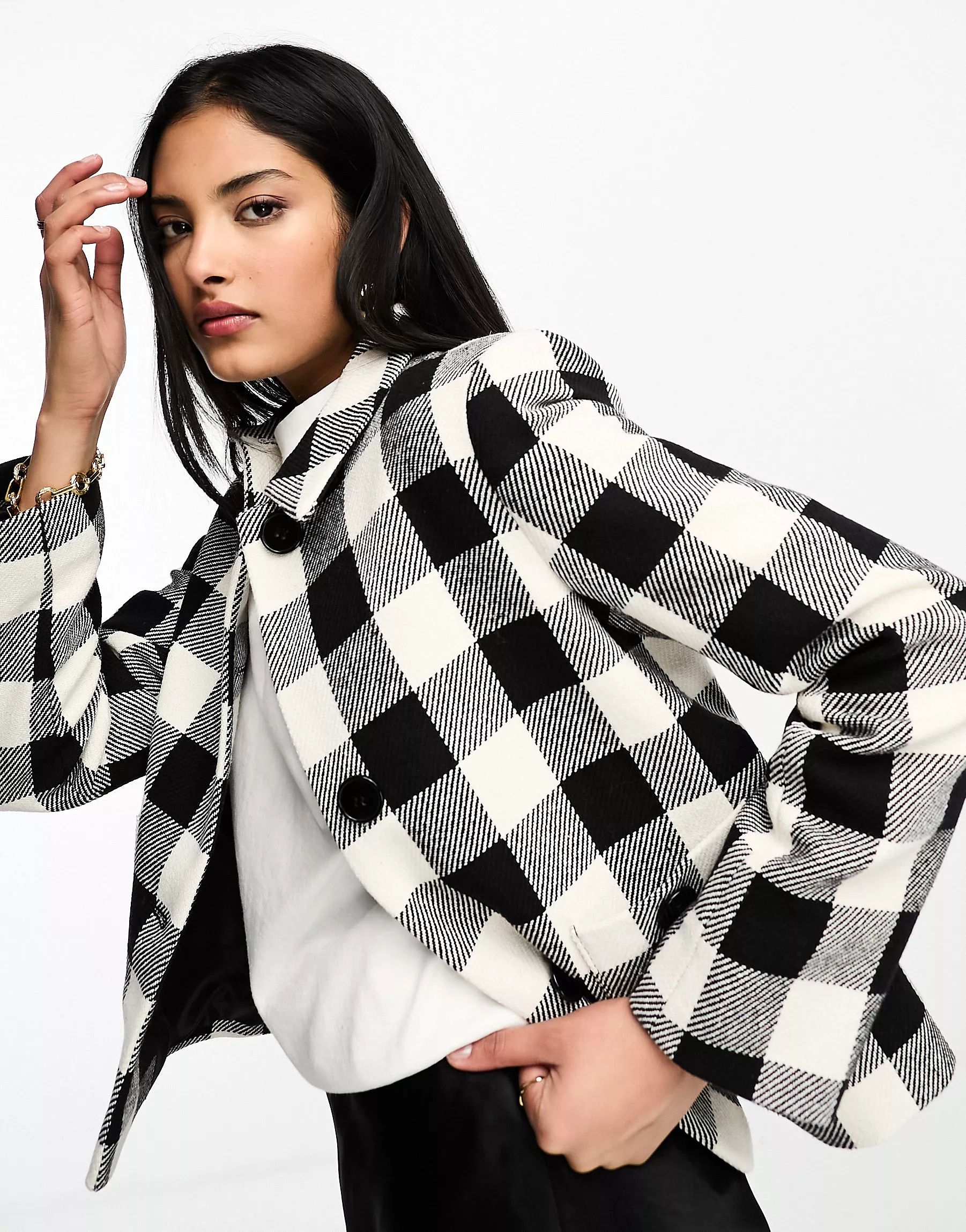 Helene Berman cropped button through jacket in black and white check | ASOS (Global)