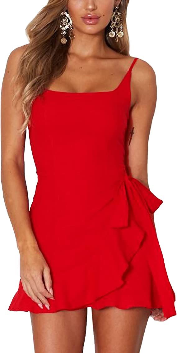 Relipop Women's Dress Spaghetti Strap Waist Tie Knot Wrap Front Ruffle Hem Short Dress | Amazon (US)