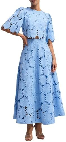 NIFTRIRY Two Piece Sets for Women Dressy Solid Color Embroidered Short Sleeve Crop Top and Maxi S... | Amazon (US)