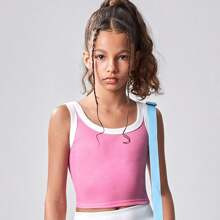 Tween Girls Piece Set Includes Knitted Colorblock Tank Top With BuiltIn Modesty Shorts And Pleated Mini Skirt | SHEIN