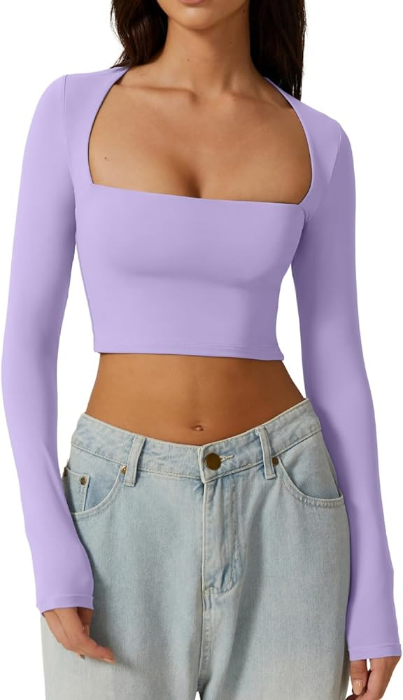 QINSEN Women's Sexy Square Neck Crop Top Long Sleeve Slim Fit Cropped T Shirts | Amazon (US)