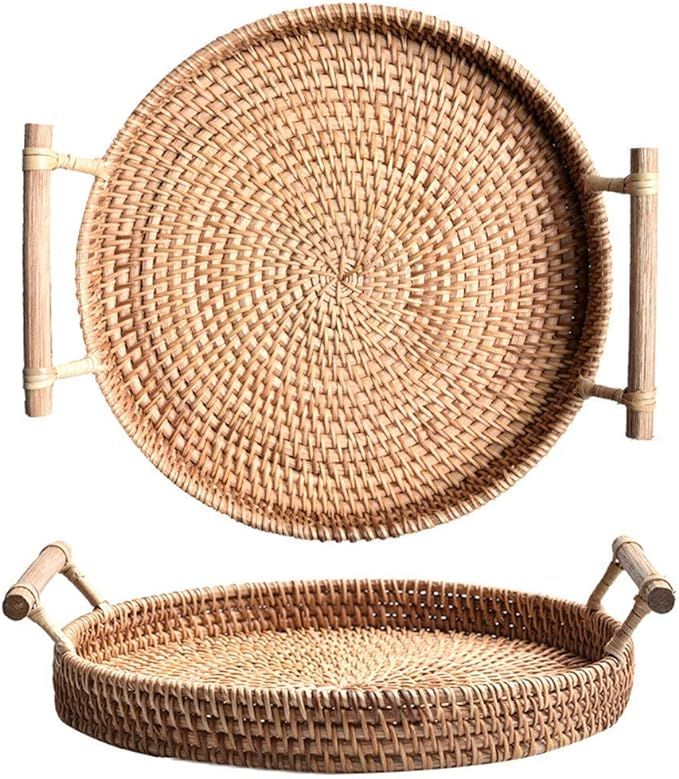 Woven Serving Tray, Rattan Round Tray, Wicker Serving Basket with Wooden Handles (12.6 inch / 32c... | Amazon (US)