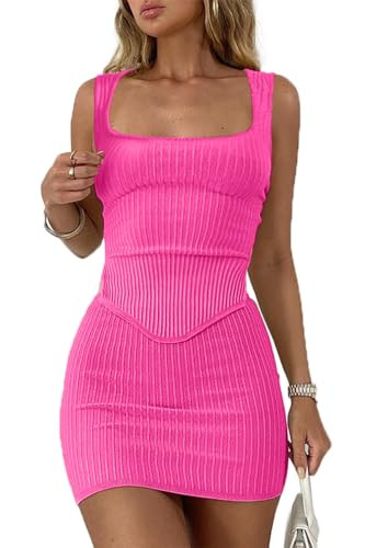 CHYRII Womens Sexy Summer Two Piece Outfits Square Neck Going Out Crop Tops Bodycon Skirt Sets Mini Dress Hot Pink S | Amazon (US)