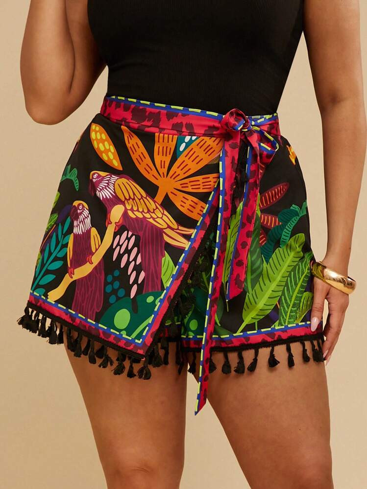 Travachic Plus Size Women Tropical Print Parrot Design Elastic Waist Tassels Decor Beach Shorts, Casual Vacation Spring/Summer | SHEIN