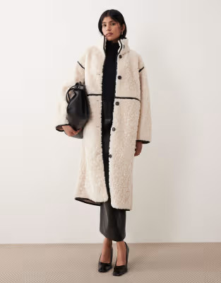 Gina Tricot faux fur bonded midi coat in cream | ASOS (Global)