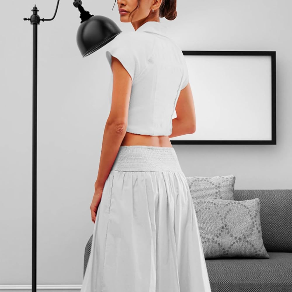 Women Y2k Bubble Maxi Skirt Summer Elastic Low Waist A Line Long Skirt Casual Fairy Ruffle Pleate... | Amazon (US)