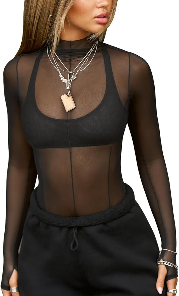Women's Mesh Sheer Long Sleeve Tops Sexy See Through Mock Neck Going Out Shirts | Amazon (US)