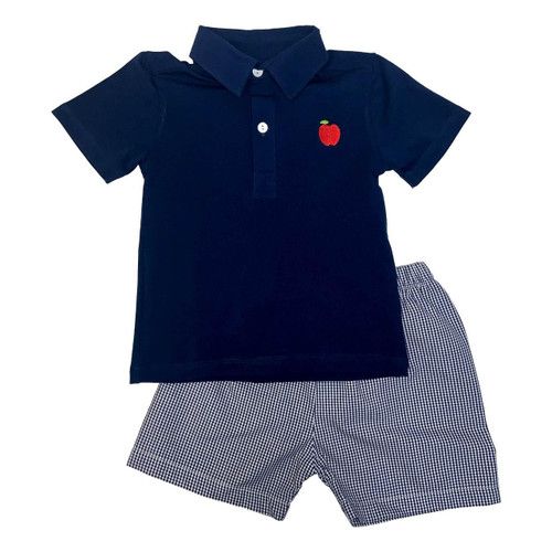 Navy Gingham Apple Polo Short Set | Cecil and Lou