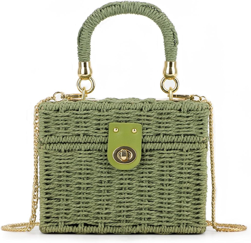 Fecialy Women Handwoven Rattan Handbag Beach Straw Tote Bag Square Boho Crossbody Bag | Amazon (US)