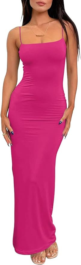 LILLUSORY Womens Summer Casual Slip Dresses Spaghetti Strap Double Lined Bodycon Maxi Dress | Amazon (US)