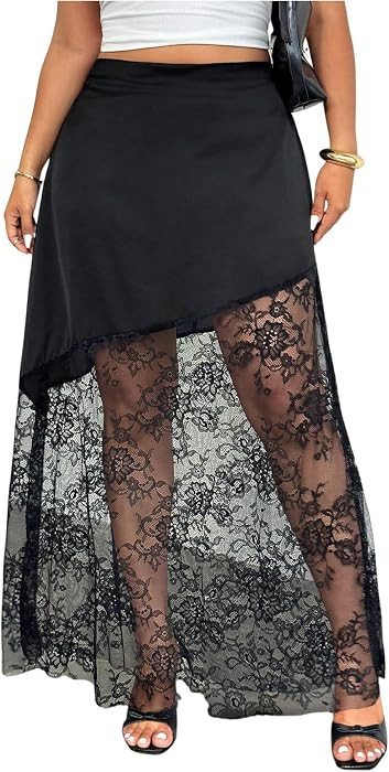 Floerns Women's Plus Size Satin Lace Patchwork High Waisted Long Skirt | Amazon (US)