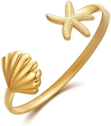 Summer Gold Cuff Bracelets For Women Gold Plated Cuff With Shell And Starfish Charm On Both Ends | Amazon (US)