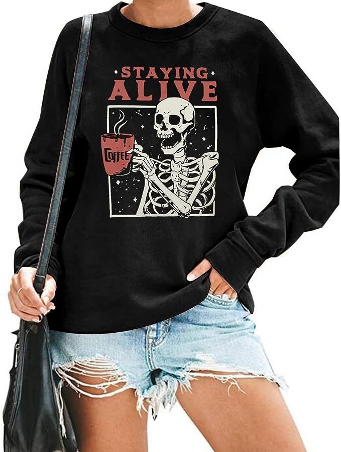 Skeleton Halloween Sweatshirt Women Staying Alive Coffee Shirt Horror Skull Shirts Vintage Long S... | Amazon (US)