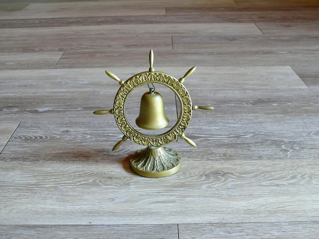 Brass Ship’s Wheel with Bell, Vintage Nautical Desk Gong Paperweight, Made in India | Etsy (US)