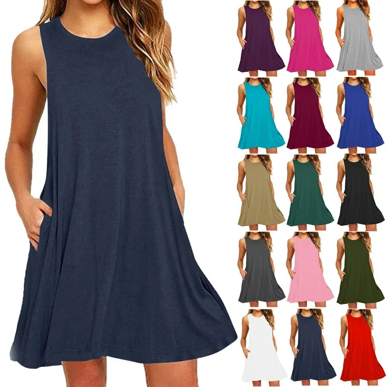 Egzmbll Summer Casual Dresses for Women Sleeveless Midi Dress Swing Tank Sundress Pleated Tshirt ... | Walmart (US)